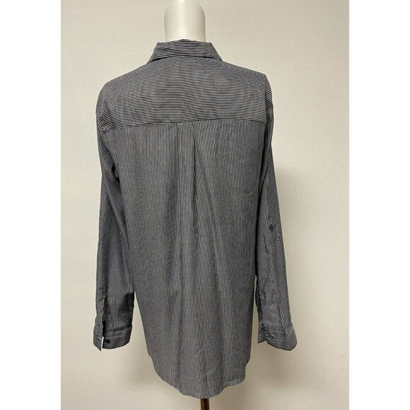 Express Womens Blouse Size Md Button Up Roll Tab Sleeve Grey/White Stripe - Picture 3 of 14